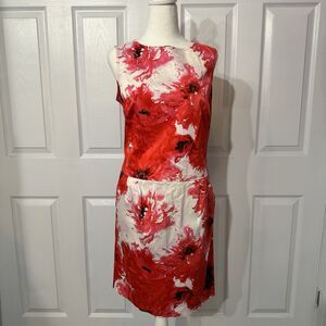 Floral Sleeveless Sz 10 Dress Red White Poppies Print Career Cocktail Party